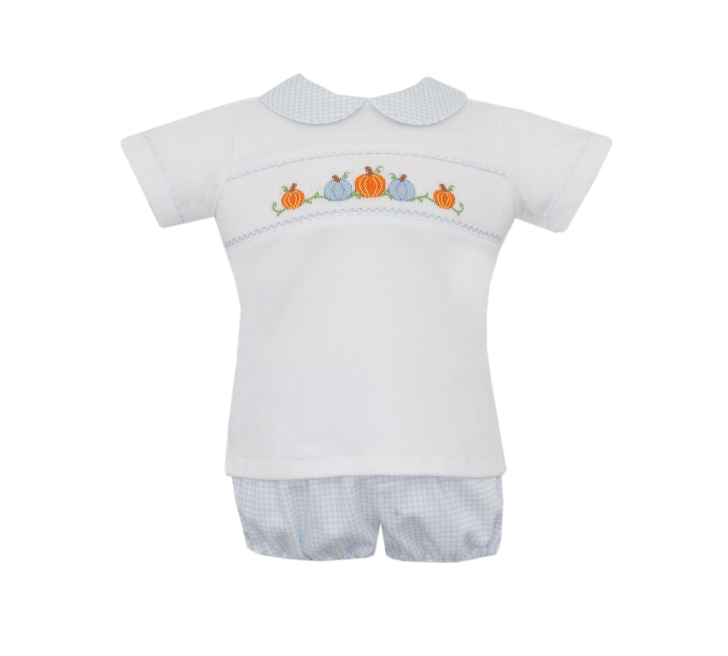 Smocked Pumpkins - Blue Gingham Knit Boy's Diaper Set
