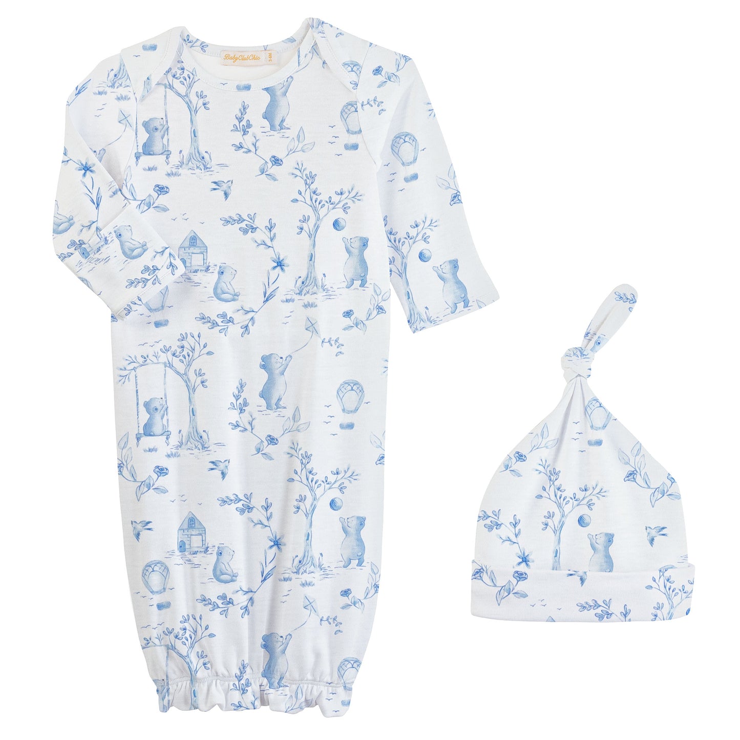 Toile de Jouy Printed Gown and Hat Set - Blue