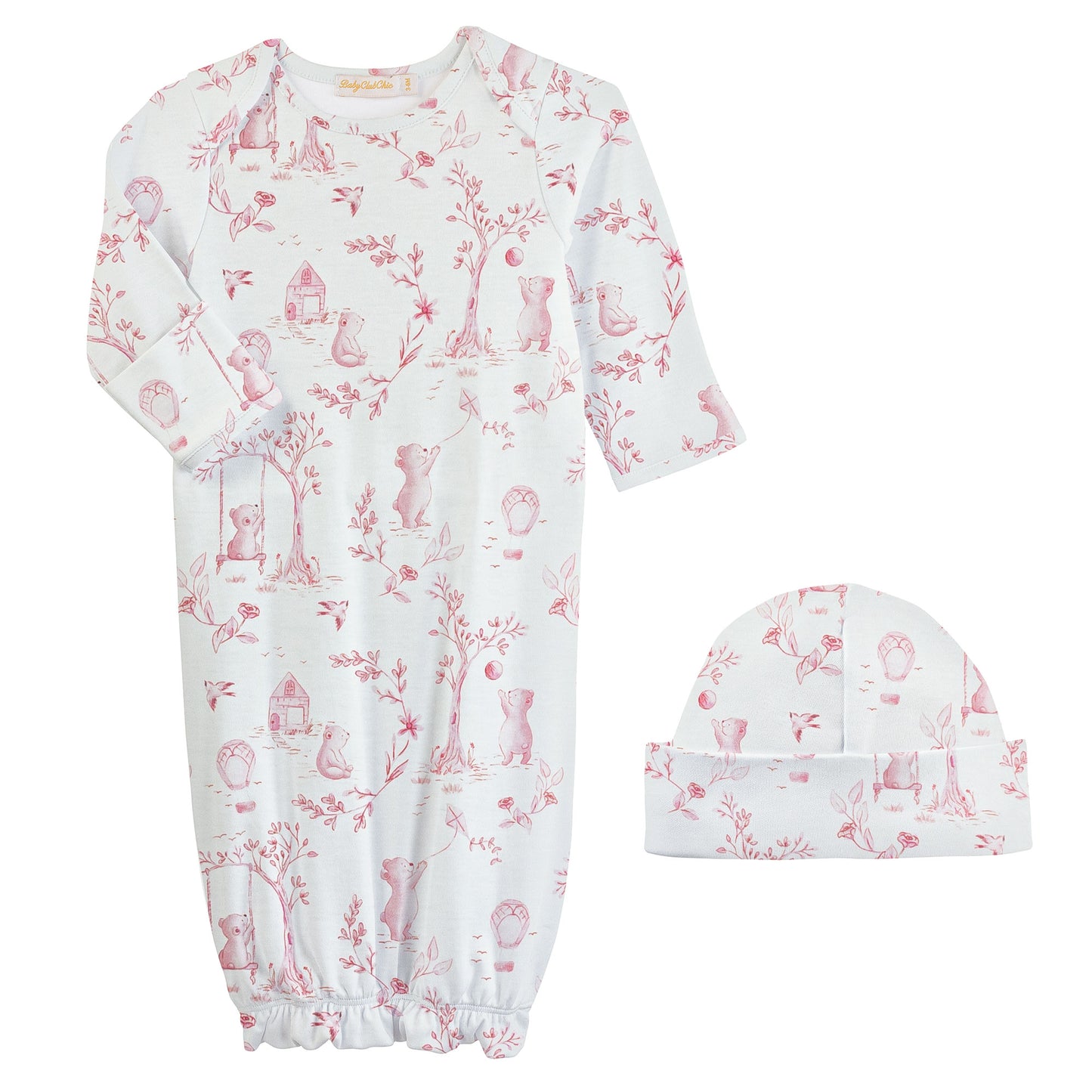 Toile de Jouy Printed Gown and Hat Set - Pink