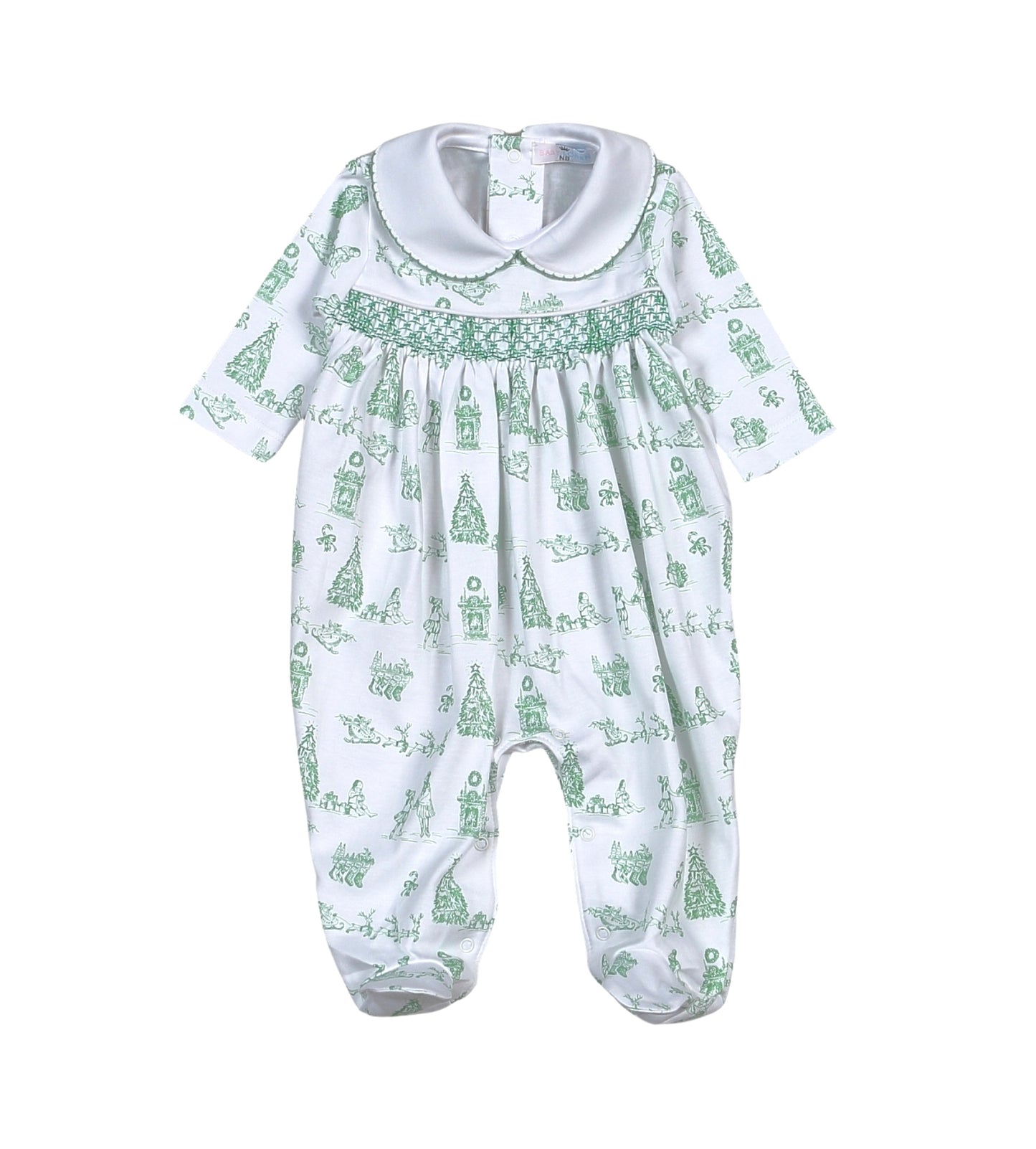 Green Christmas Toile Hand-Smocked Footie