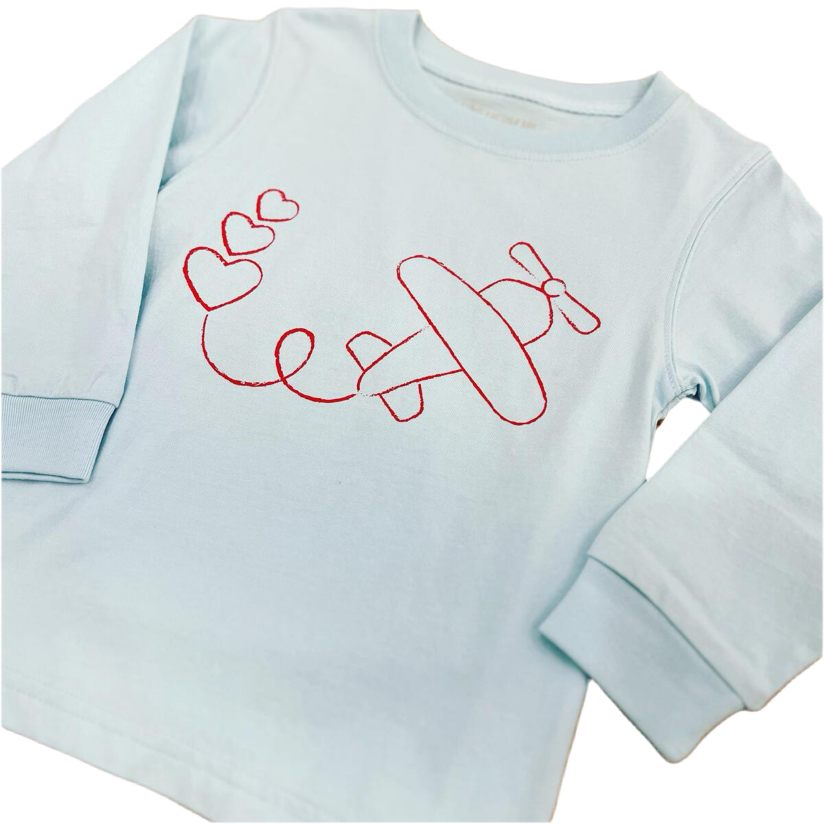 Light Blue Valentine Airplane with Hearts Long Sleeve T-shirt