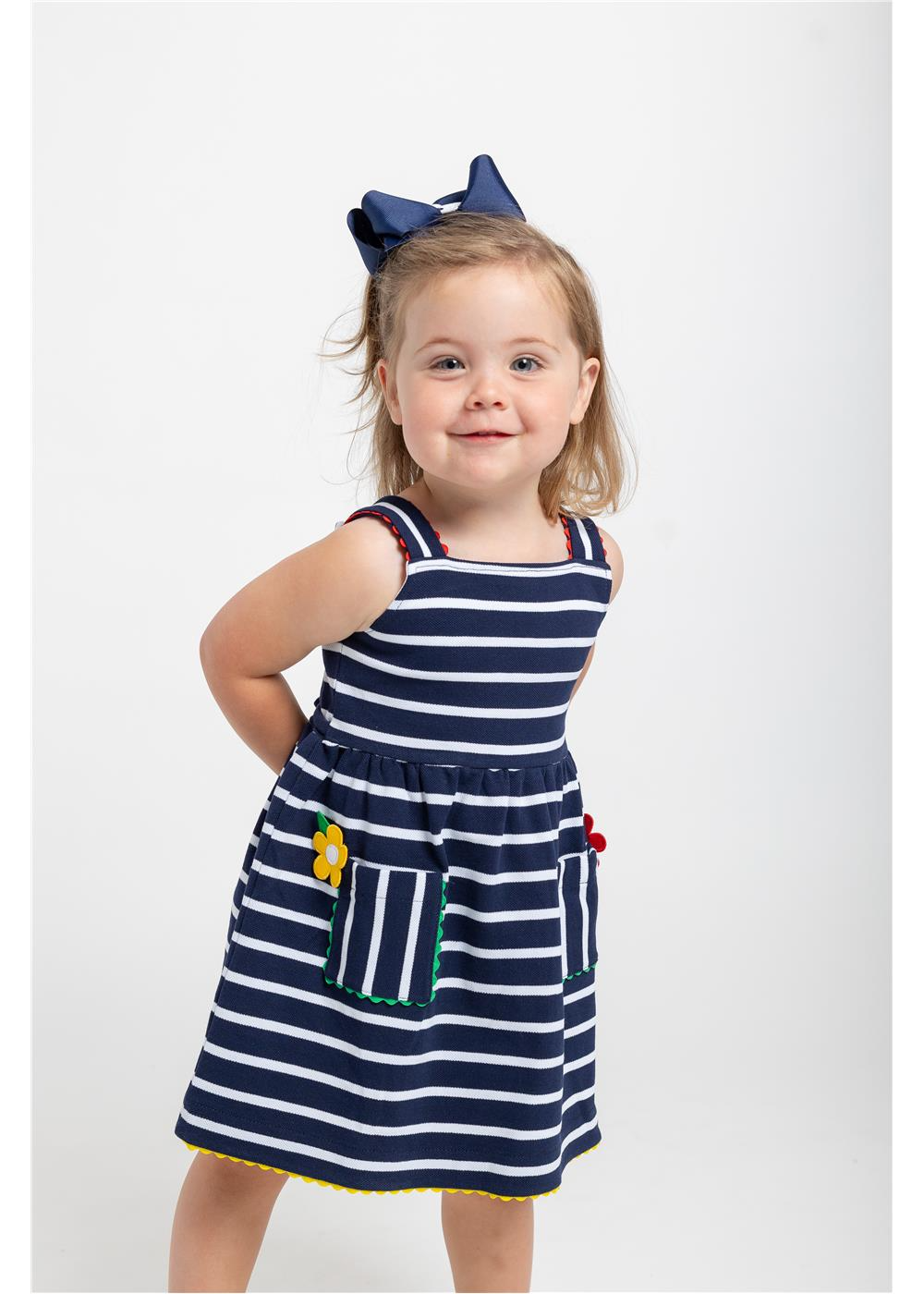 Stripe Knit Dress in Navy with Ric Rac and Flowers