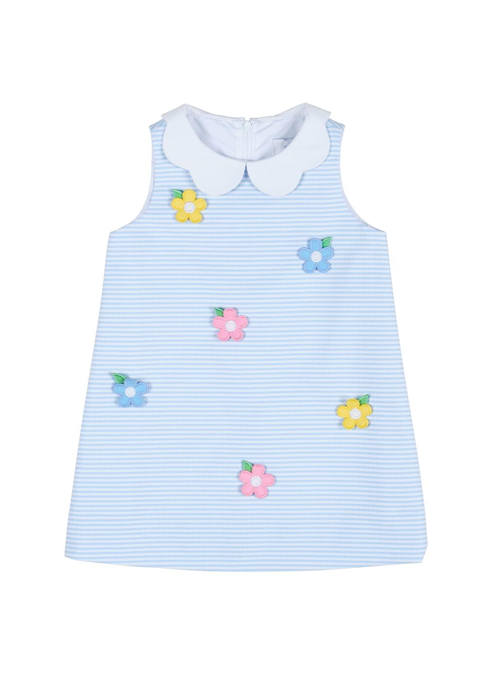 Pique Stripe Dress with Petal Collar and Flowers