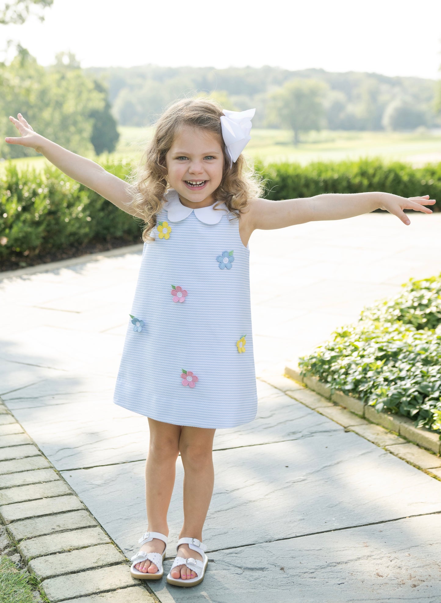 Pique Stripe Dress with Petal Collar and Flowers