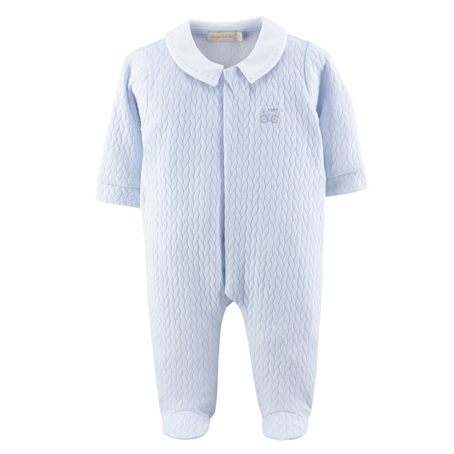 Light Blue Quilted Pima Footie w/ Embroidered Collar
