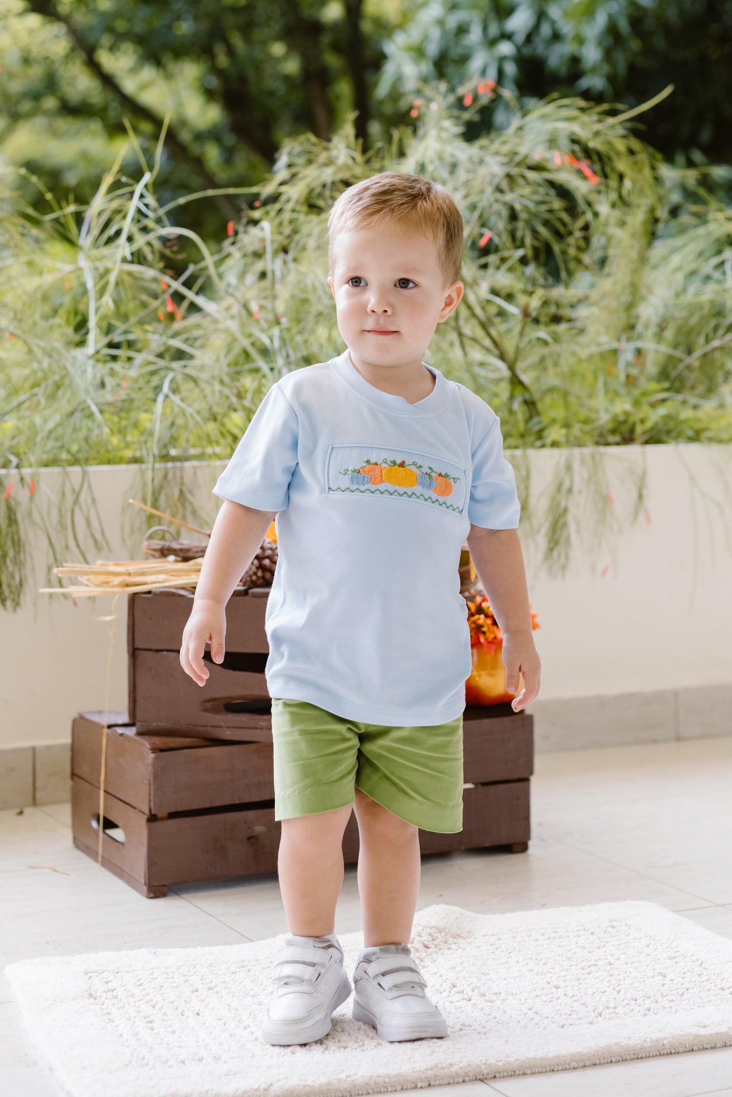 Pumpkin Smocked - Light Blue Tee & Green Cord Short Set