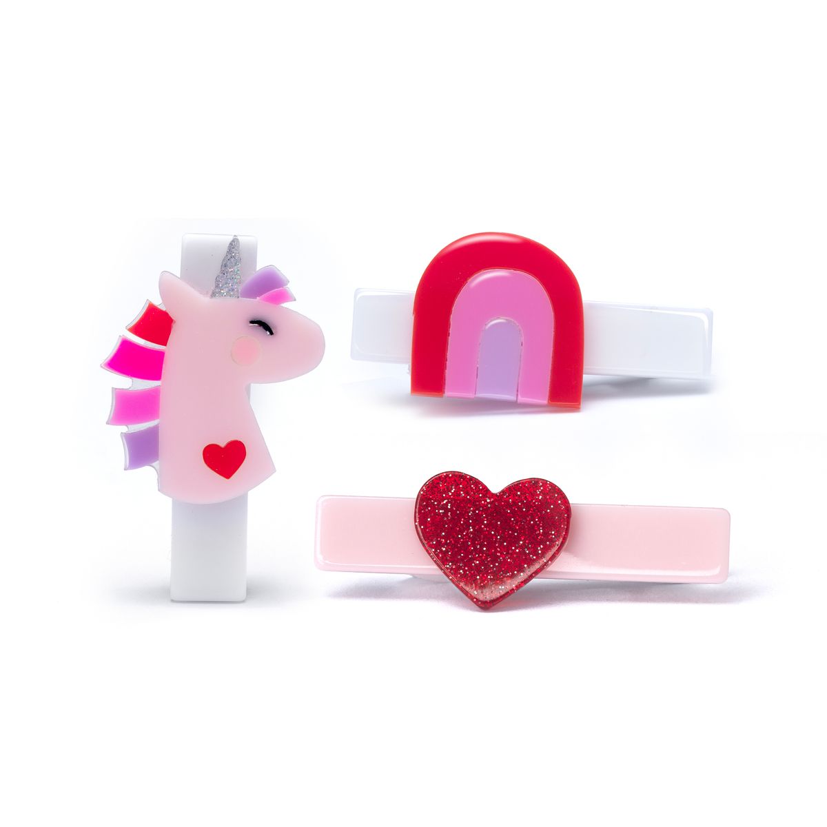 Unicorn Glitter Heart Hair Clips, 3-Pack