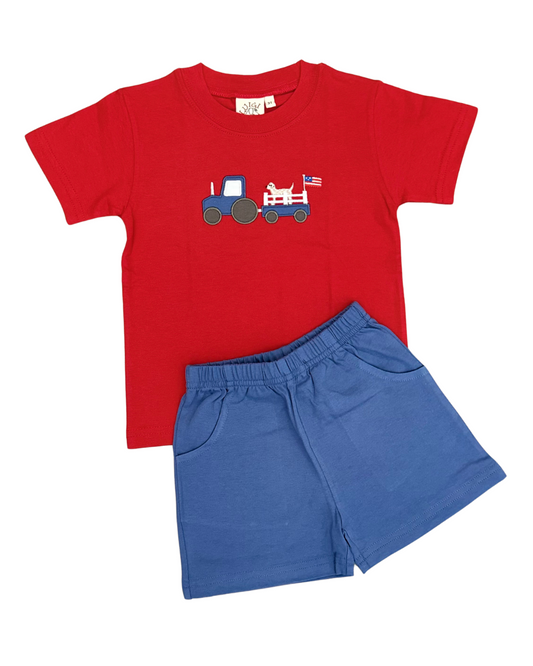 Luigi Tractor w/Lab and Flag Short Set - Red with Slate Blue