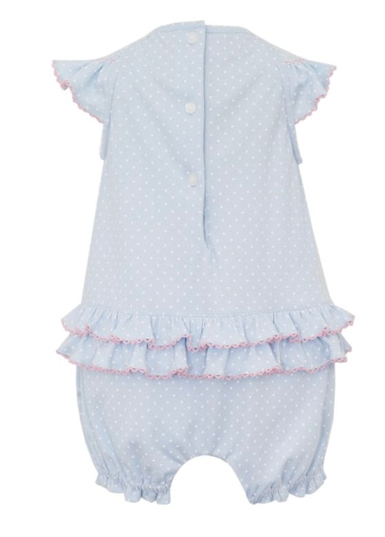 Lisa Smocked Bishop Bubble - Lt. Blue Pima w/White Polka Dots