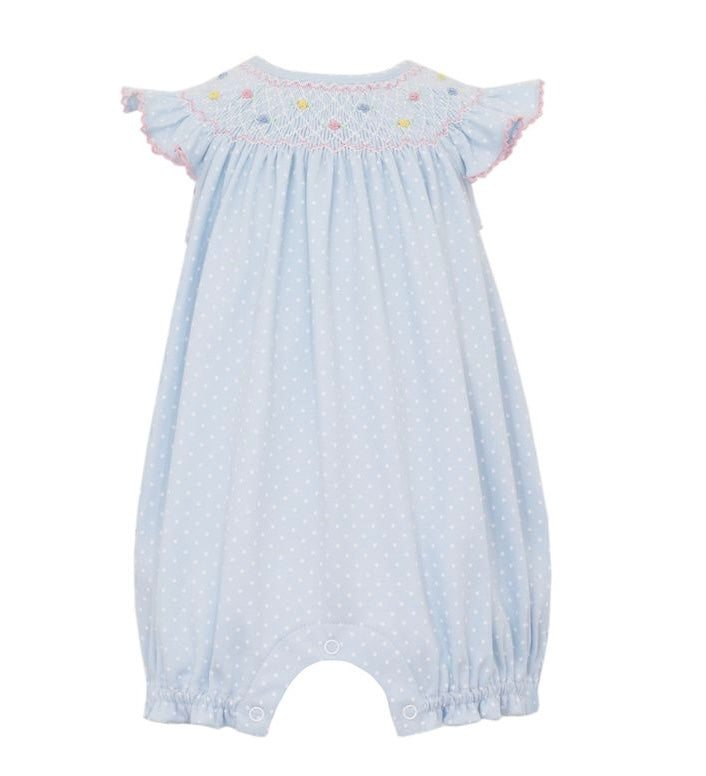 Lisa Smocked Bishop Bubble - Lt. Blue Pima w/White Polka Dots