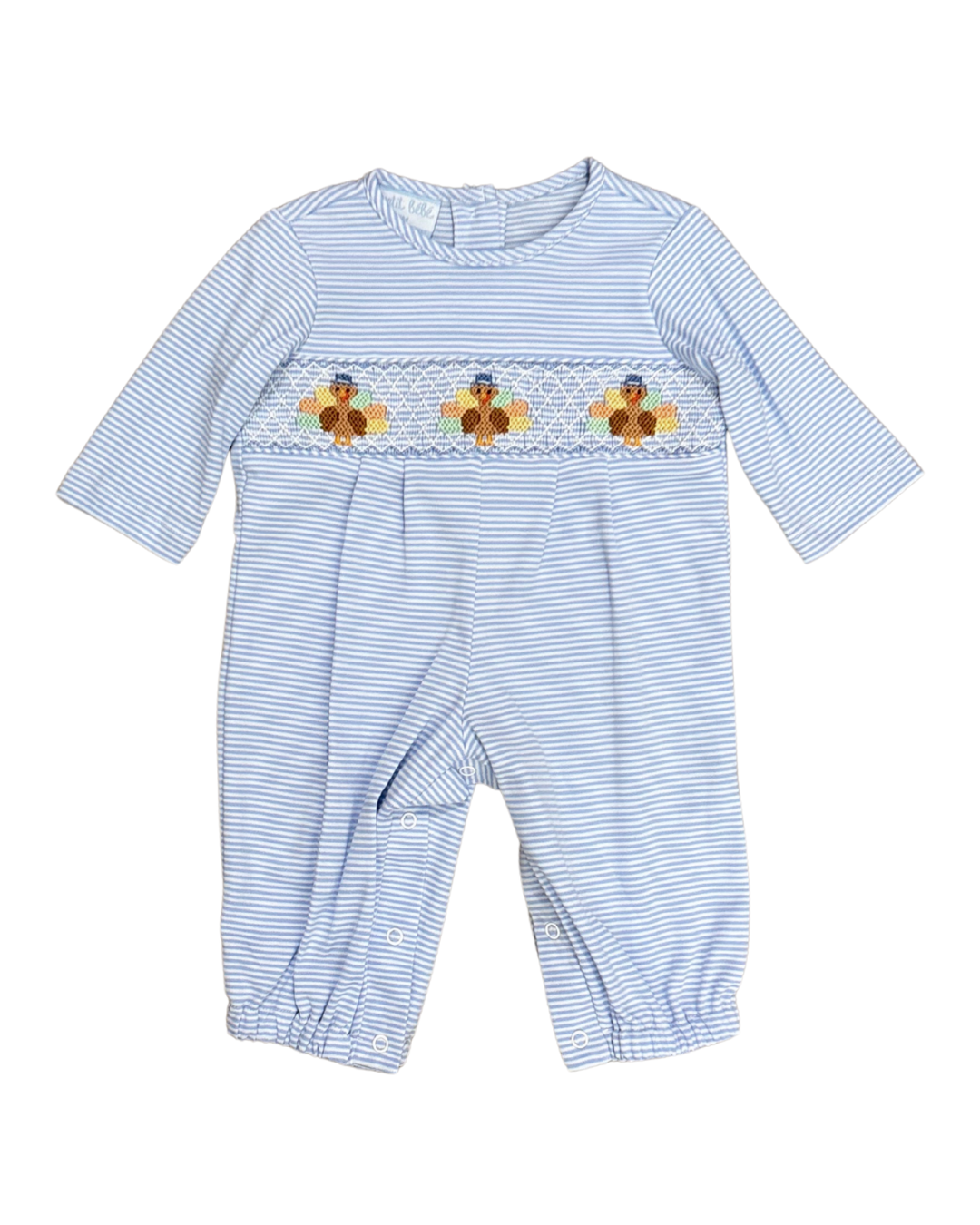 Smocked Turkey - Blue Stripe Knit Romper