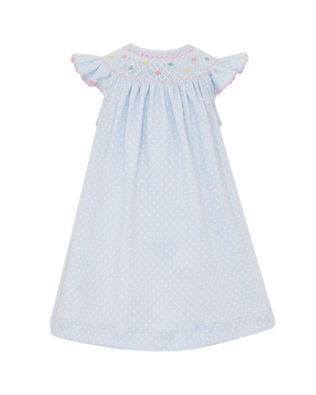 Lisa Smocked Bishop Dress - Lt. Blue Pima w/White Polka Dots