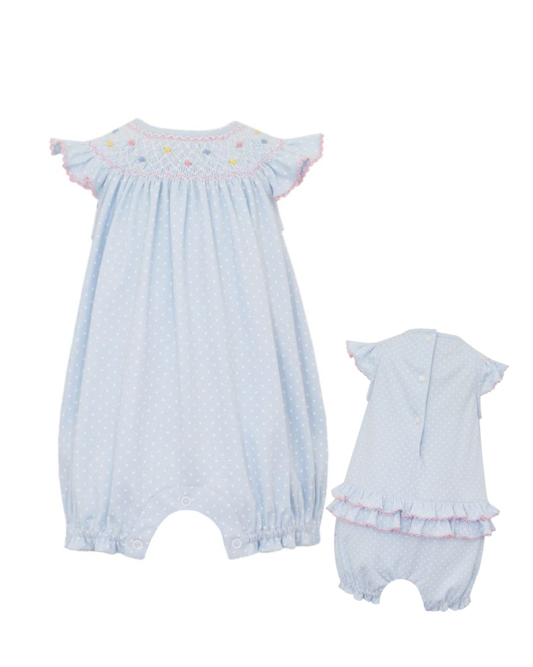 Lisa Smocked Bishop Bubble - Lt. Blue Pima w/White Polka Dots