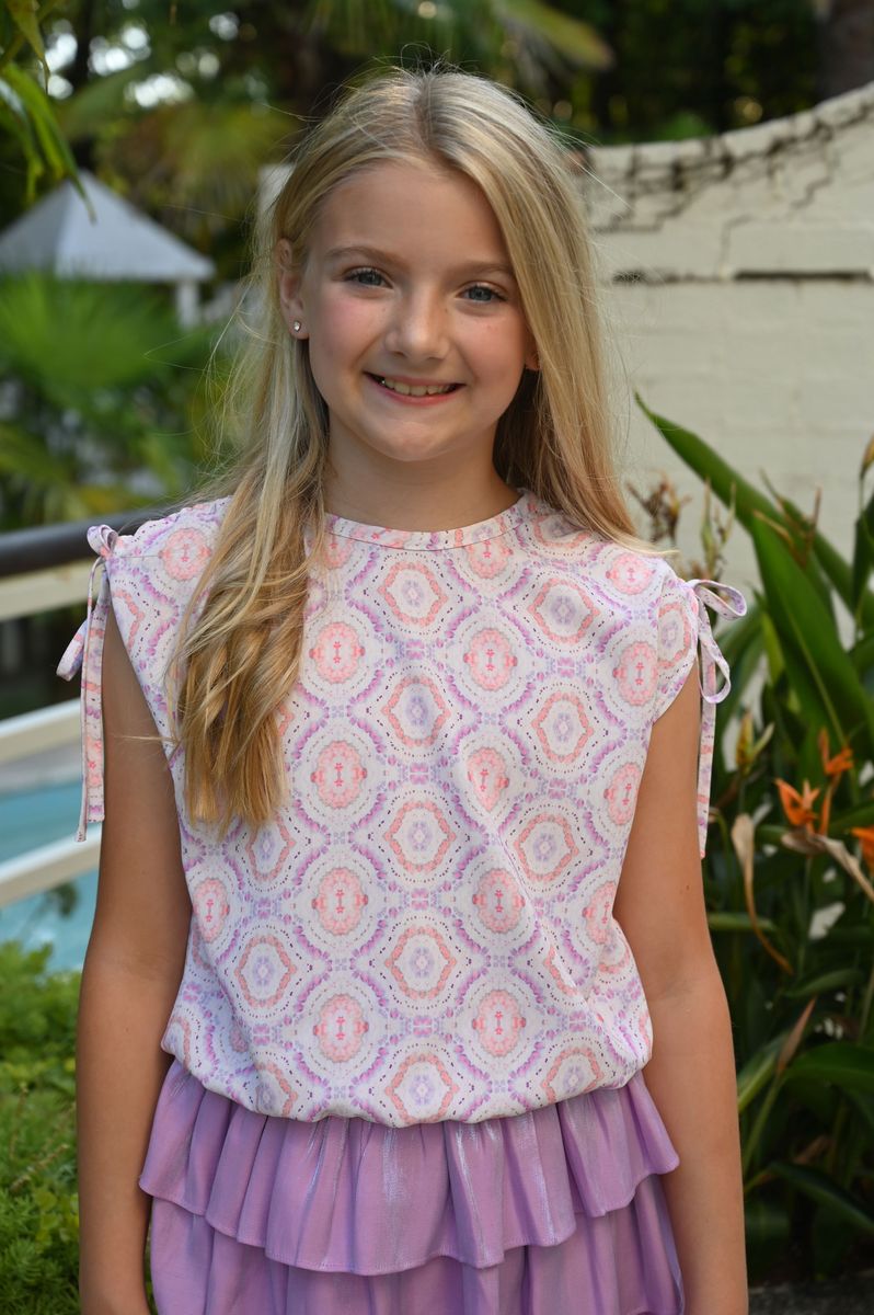 Pleat Emma Top with Ties - Purple /Coral