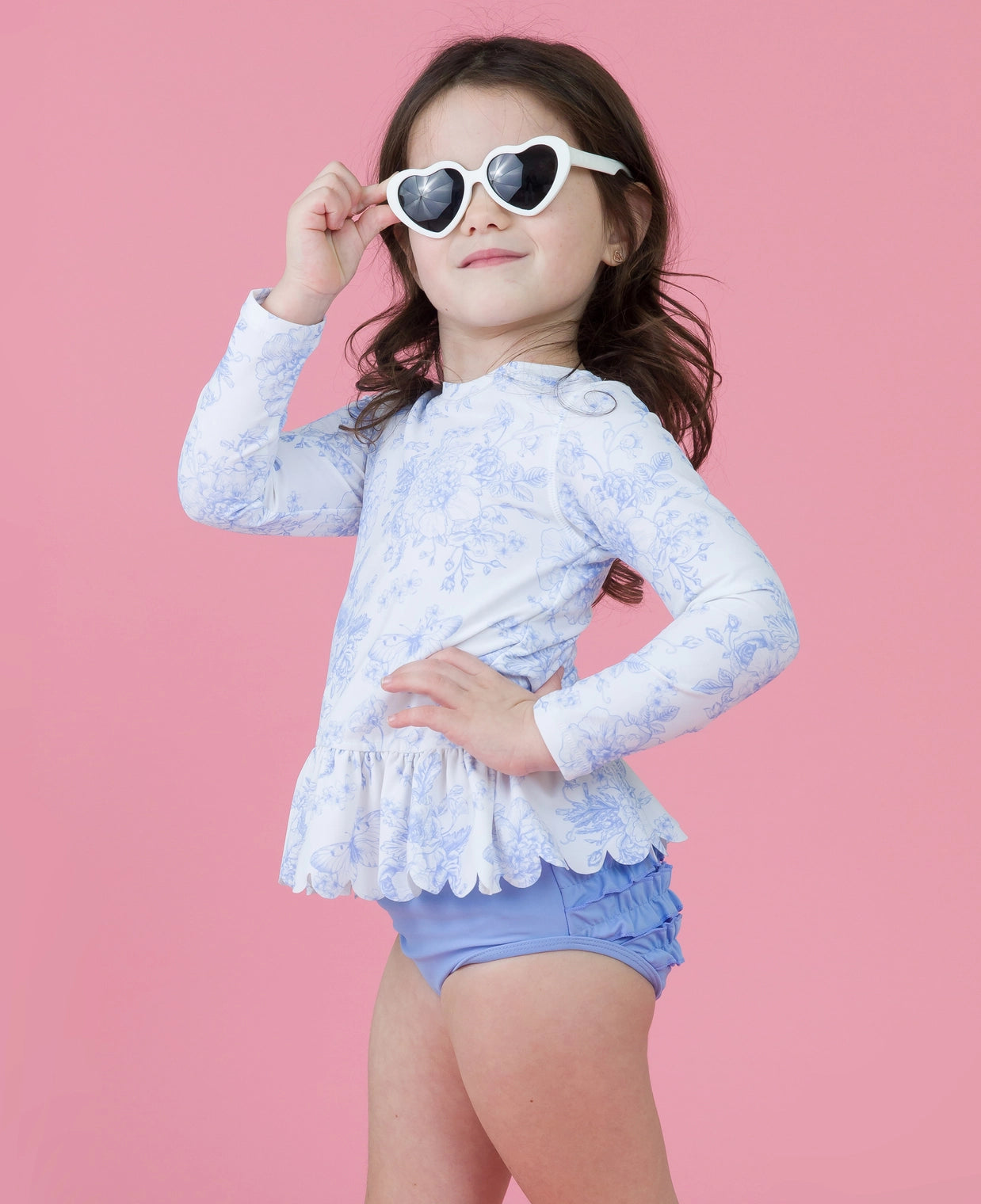 Periwinkle Butterfly Garden - Scalloped Long Sleeve Rash Guard Bikini