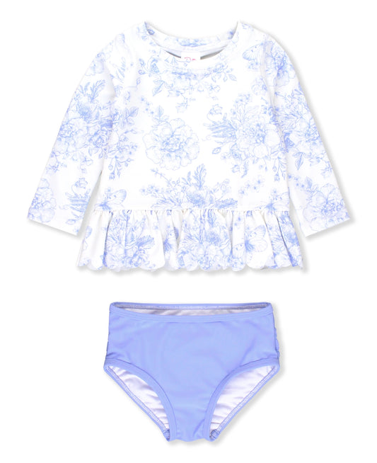 Periwinkle Butterfly Garden - Scalloped Long Sleeve Rash Guard Bikini