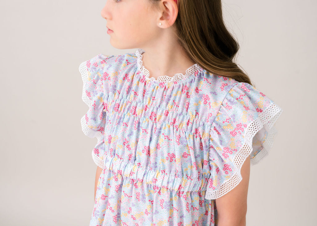 Lily Dress - Joyful Blooms with Lace Trim
