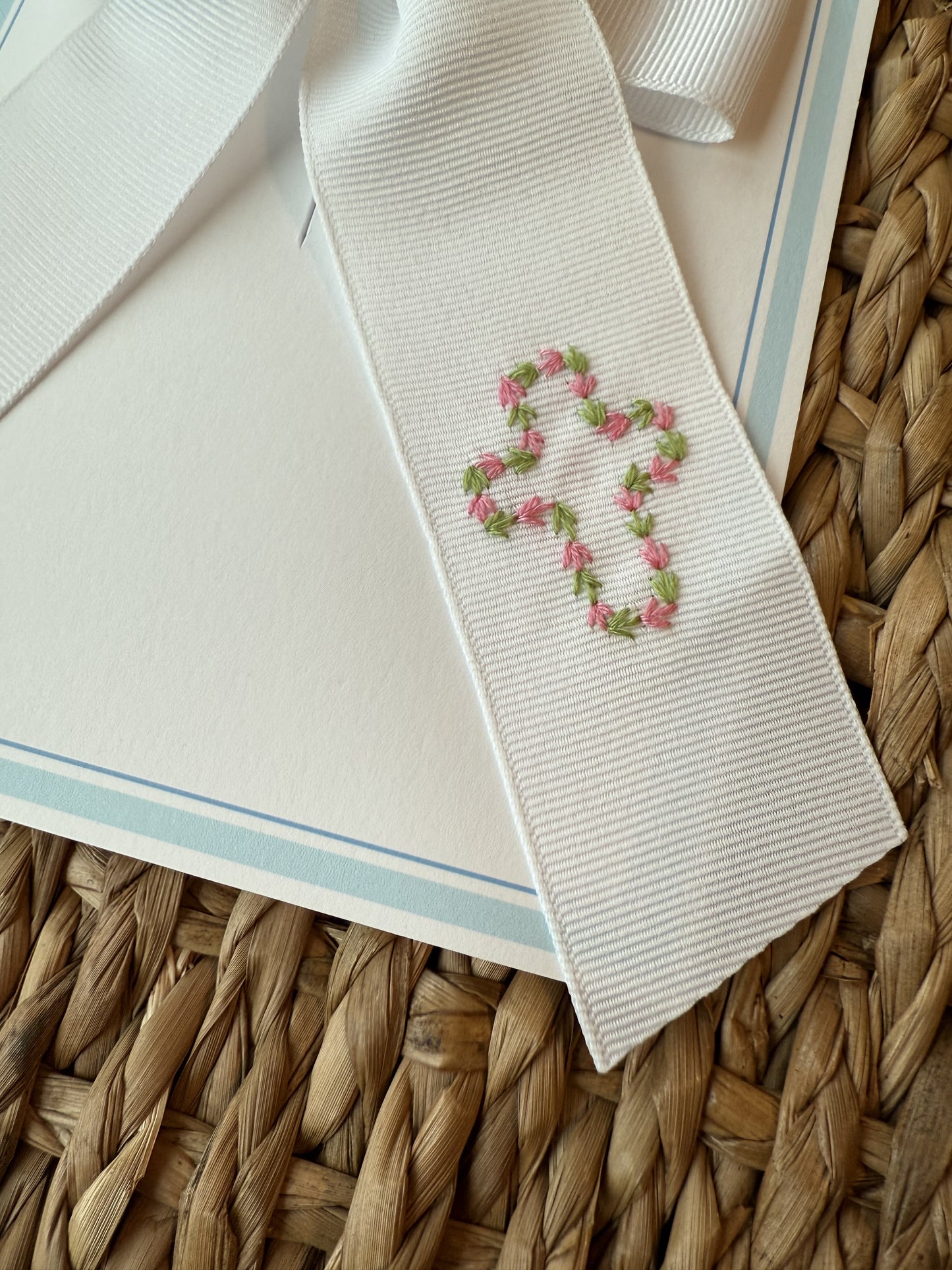 Floral Cross Hand-Embroidered White Grosgrain Bow - Medium (Multiple Colors)