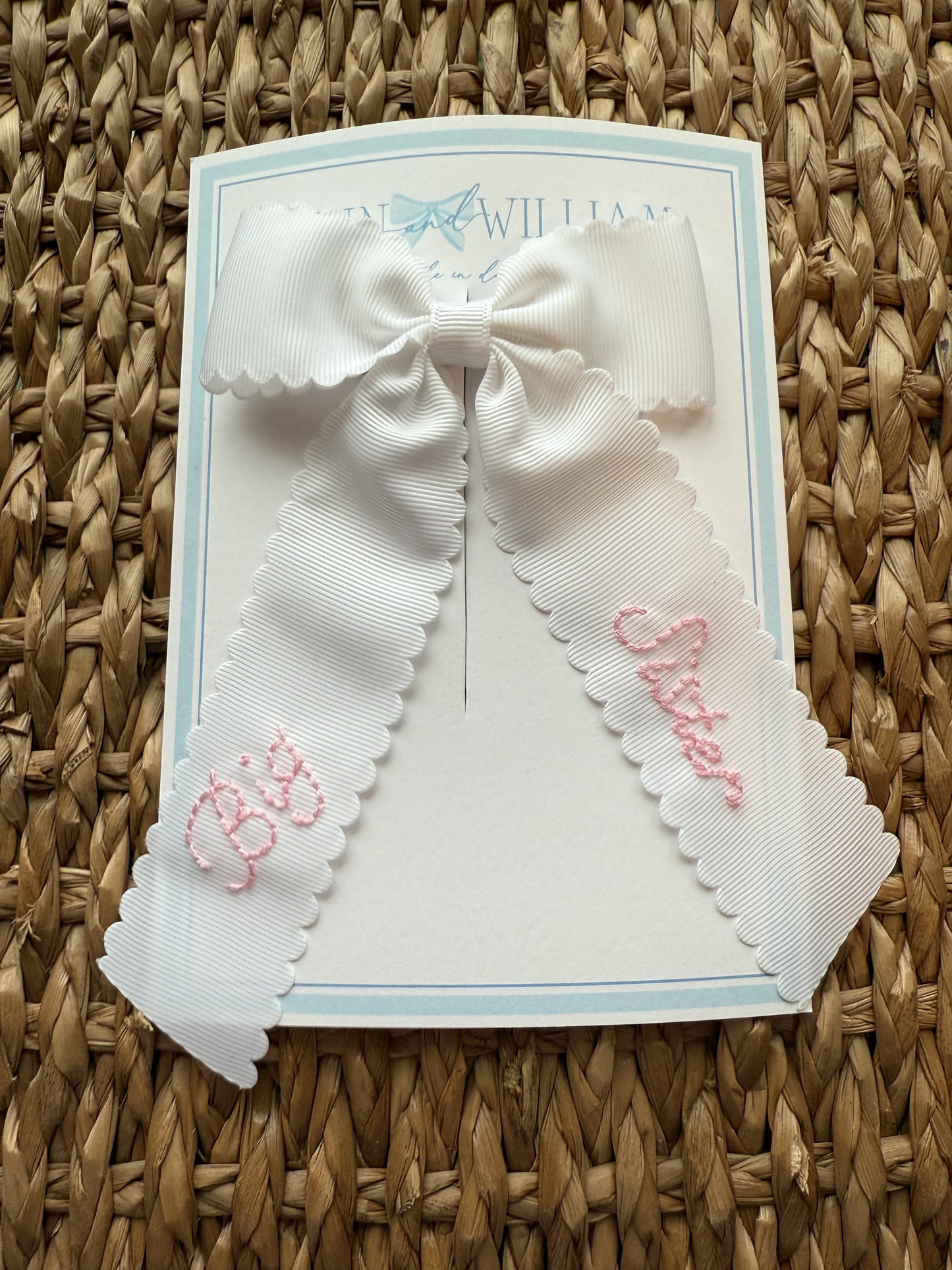 Big Sister Hand-Embroidered White Grosgrain Bow - Medium (Multiple Colors)