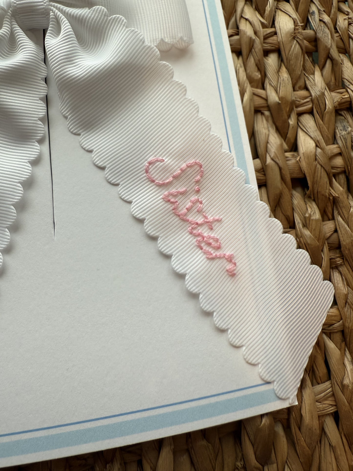 Big Sister Hand-Embroidered White Grosgrain Bow - Medium (Multiple Colors)