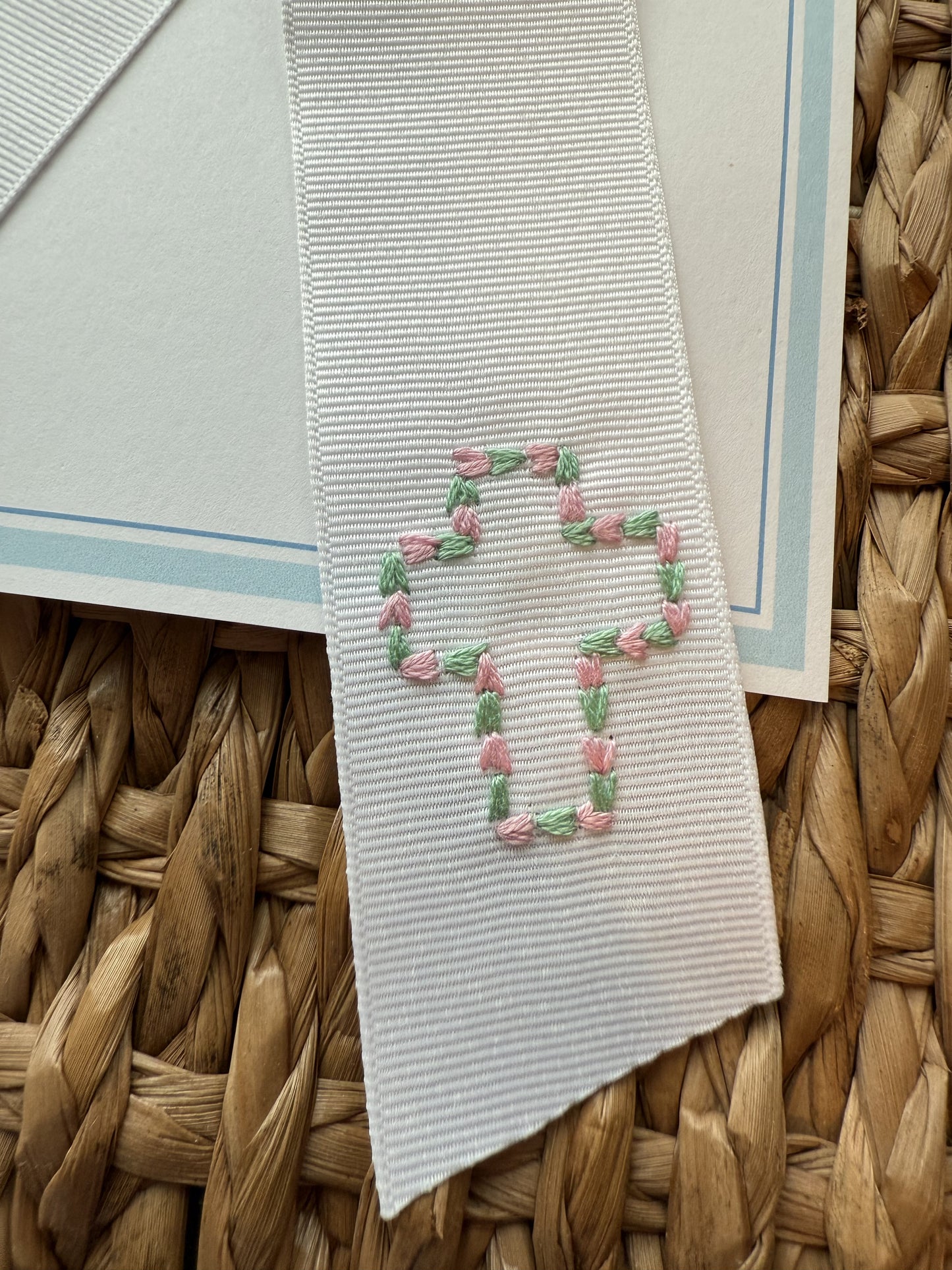 Floral Cross Hand-Embroidered White Grosgrain Bow - Medium (Multiple Colors)