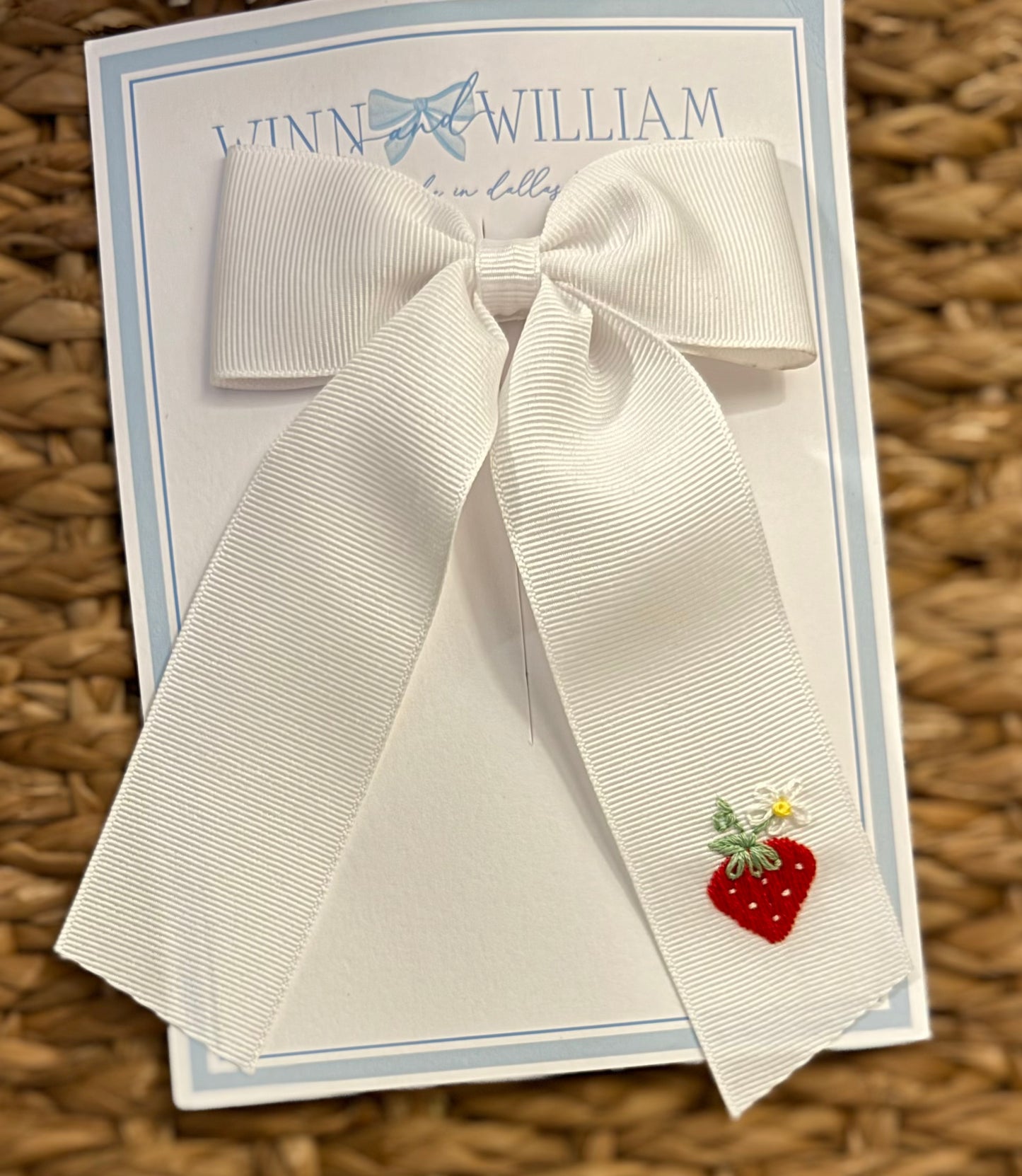 Strawberry Hand-Embroidered White Grosgrain Bow - Medium