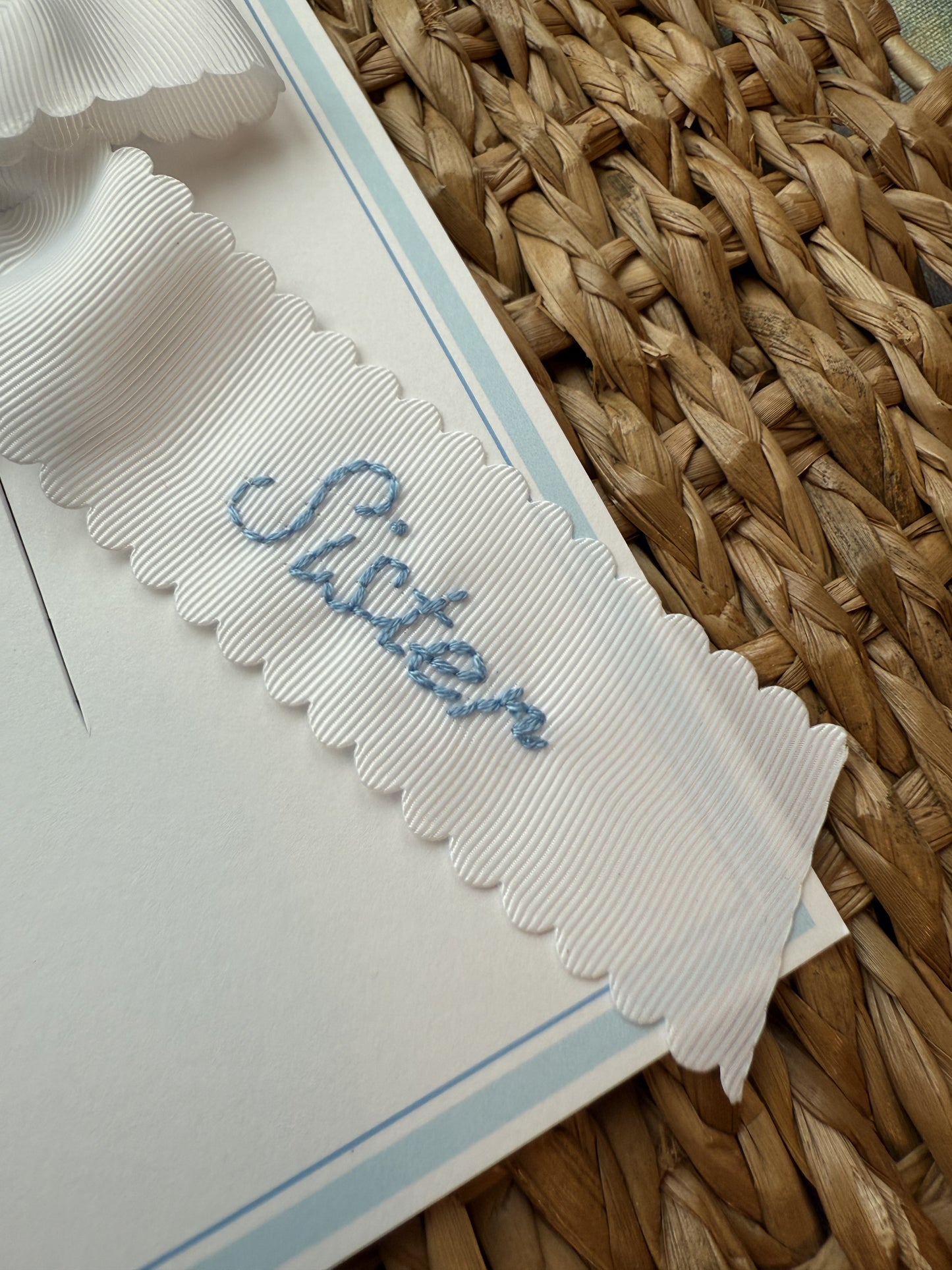 Big Sister Hand-Embroidered White Grosgrain Bow - Medium (Multiple Colors)