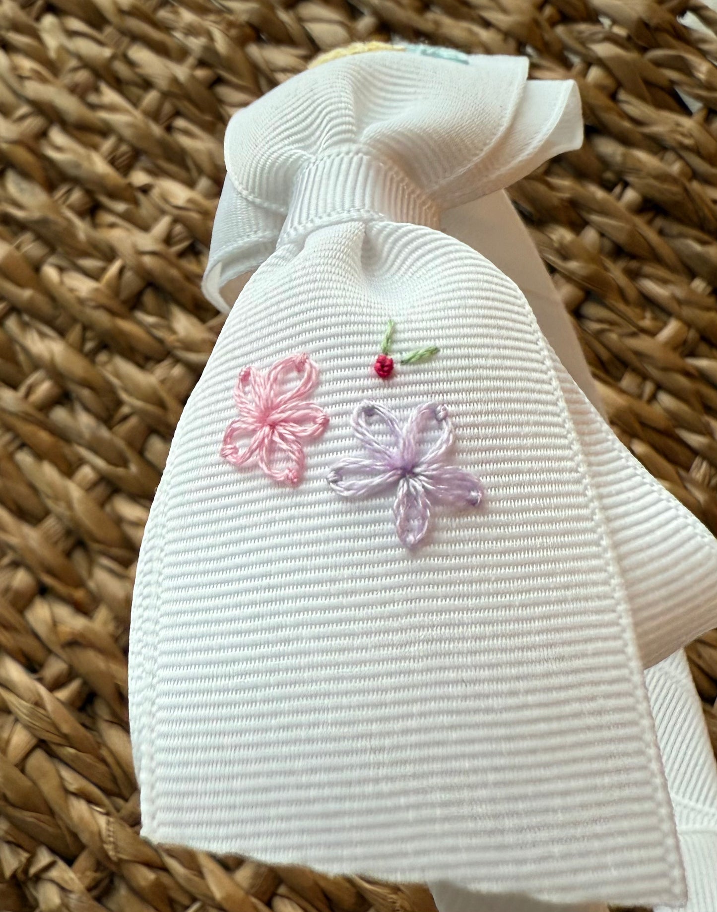 Bouquet of Flowers Hand-Embroidered White Grosgrain Headband