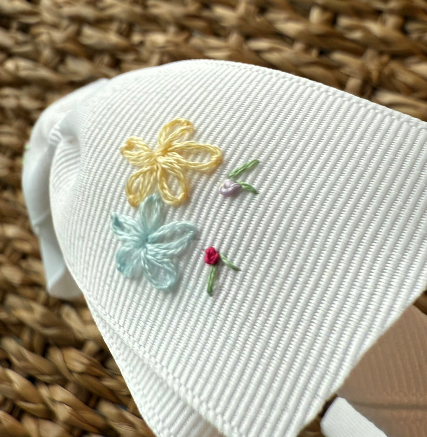 Bouquet of Flowers Hand-Embroidered White Grosgrain Headband