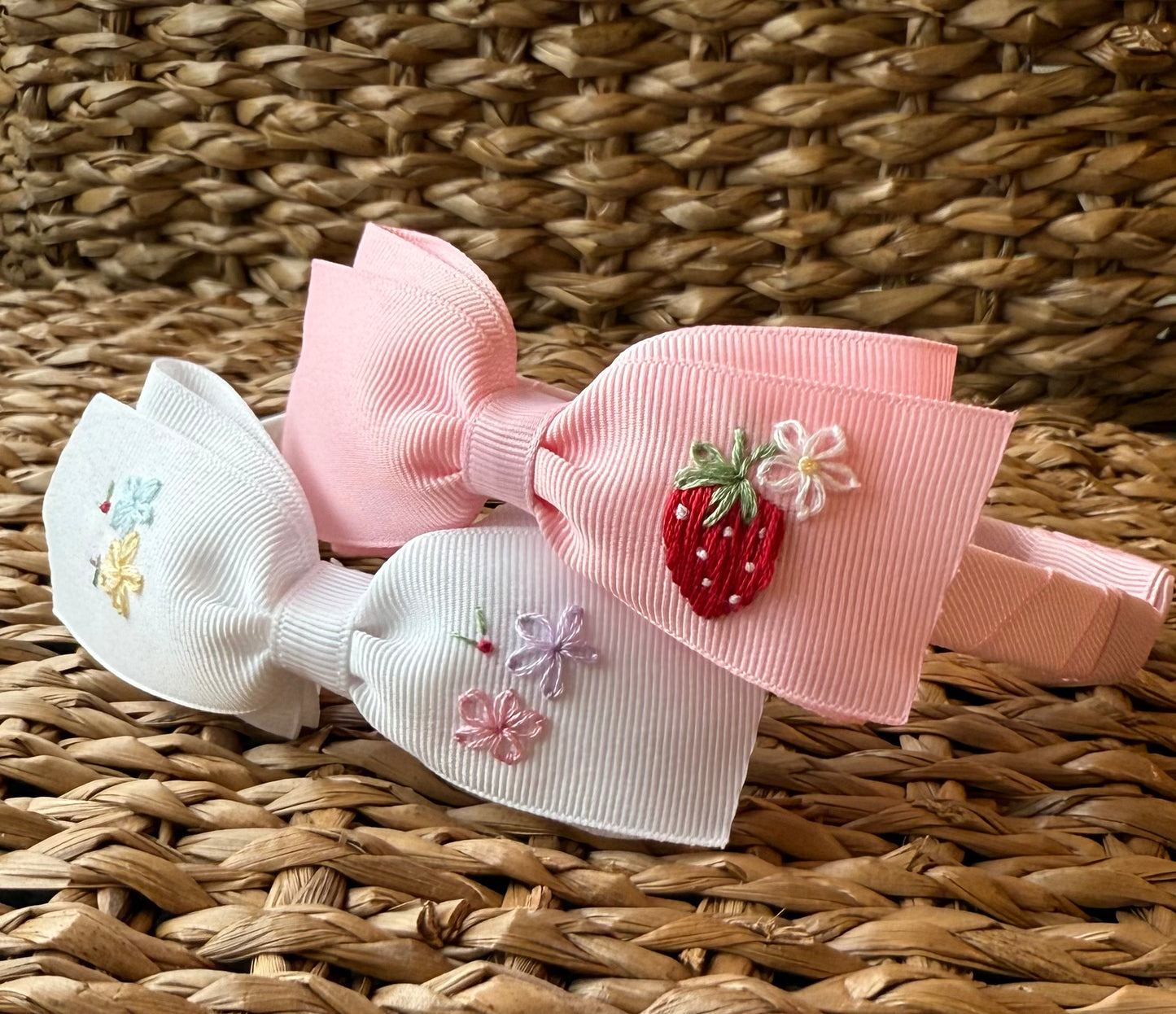 Strawberry Hand-Embroidered Pink Grosgrain Headband