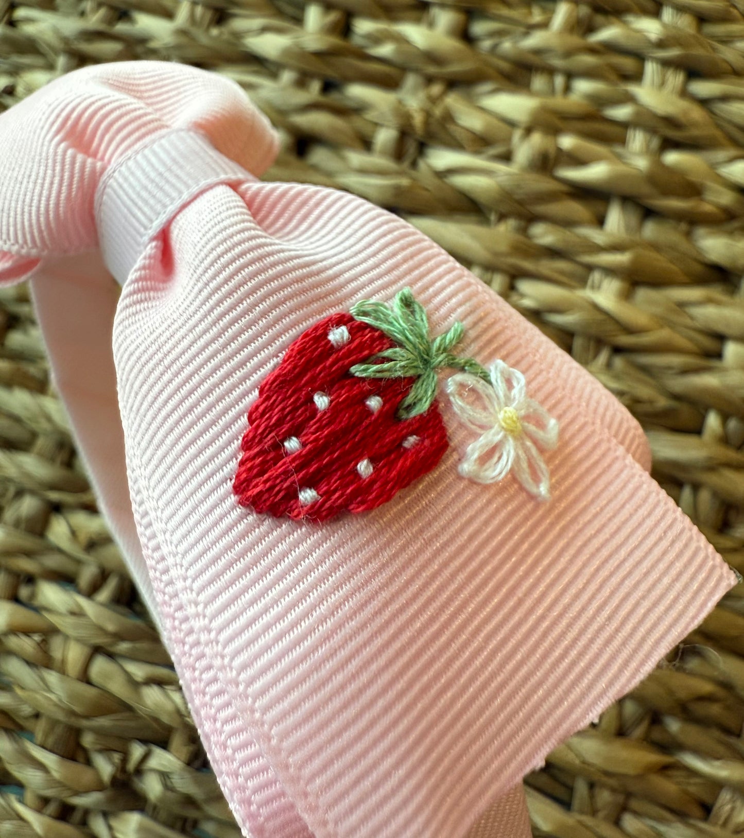 Strawberry Hand-Embroidered Pink Grosgrain Headband
