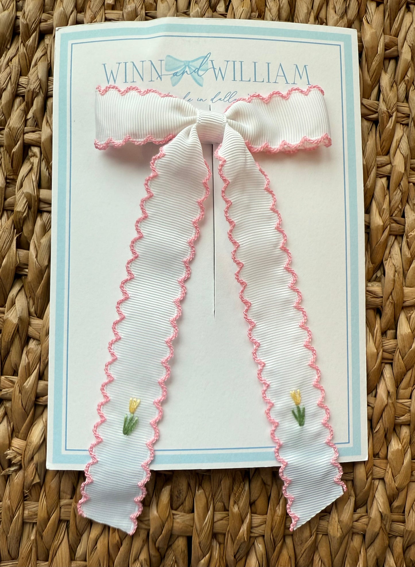 Scalloped Double Tulip Hand-Embroidered White Grosgrain Bow - Small