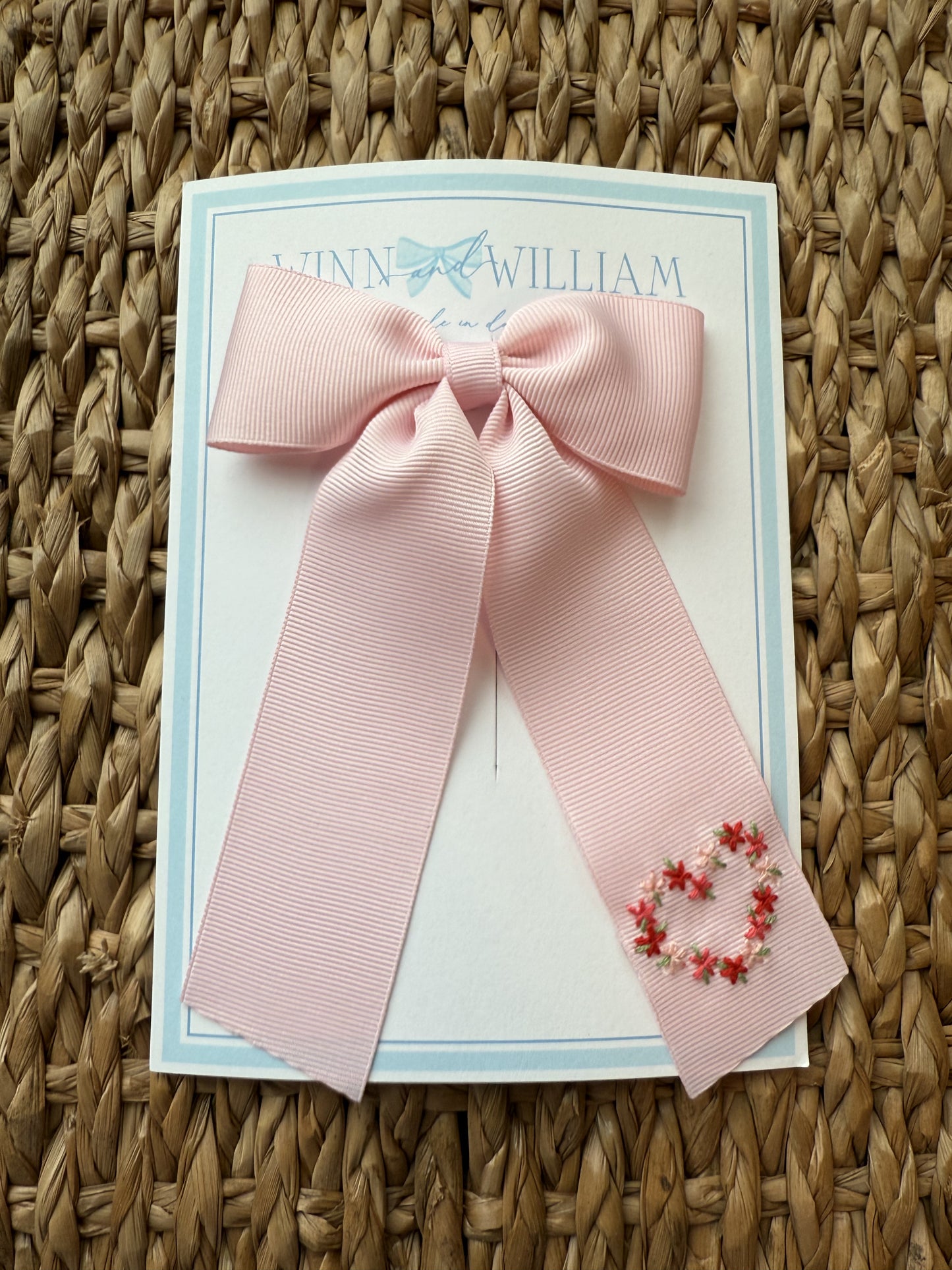 Floral Heart Hand-Embroidered Pink Grosgrain Bow - Medium