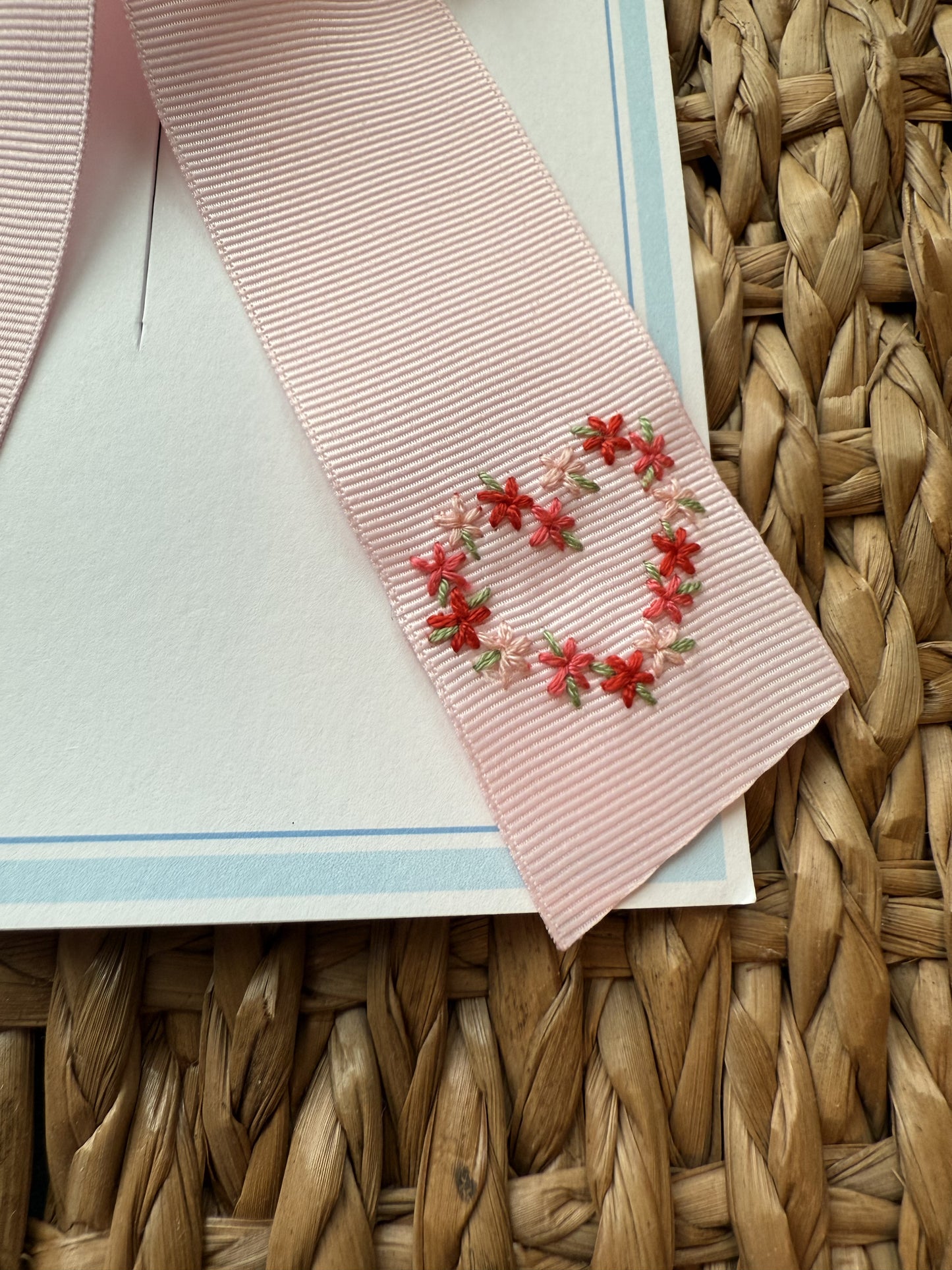 Floral Heart Hand-Embroidered Pink Grosgrain Bow - Medium