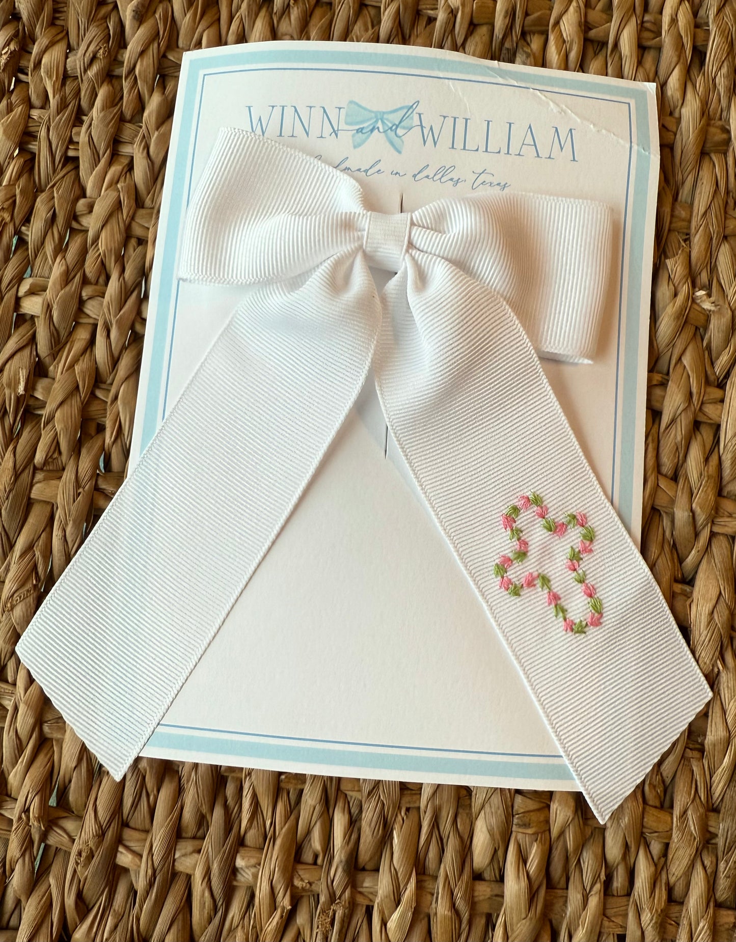 Floral Cross Hand-Embroidered White Grosgrain Bow - Medium (Multiple Colors)