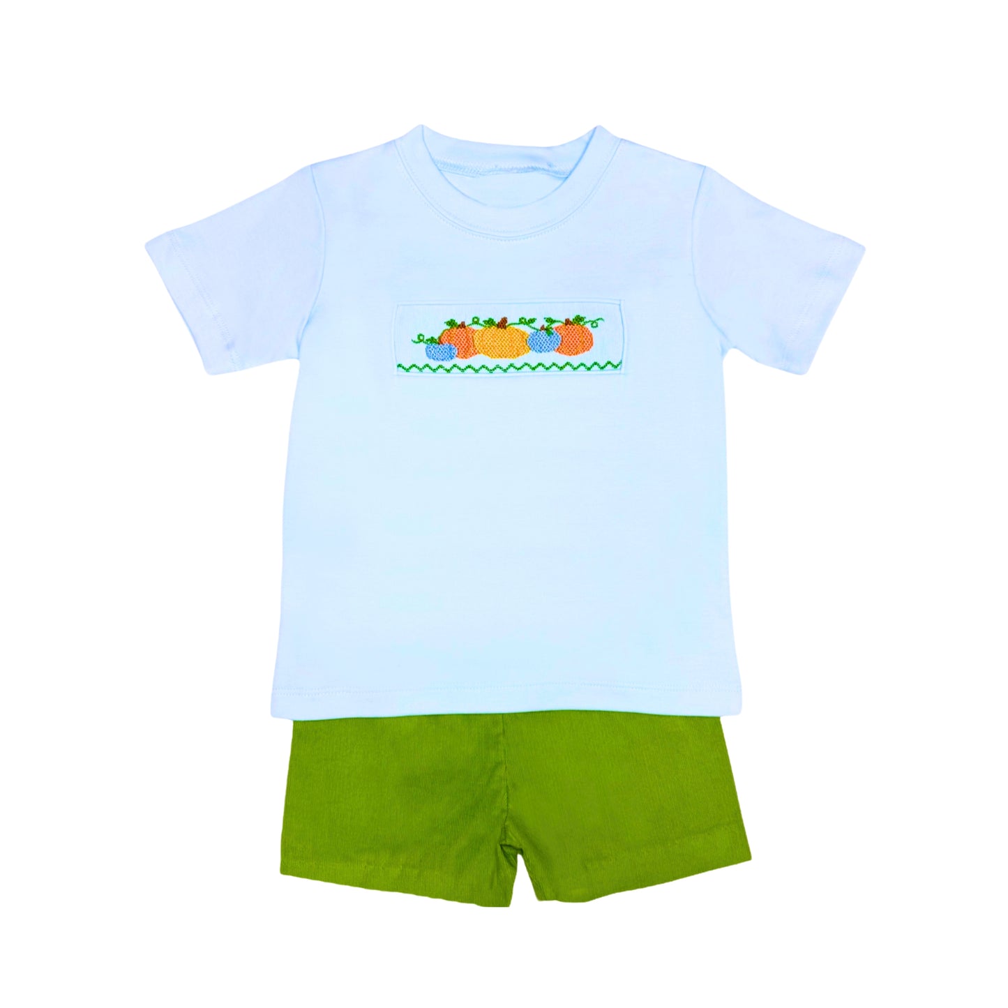 Pumpkin Smocked - Light Blue Tee & Green Cord Short Set