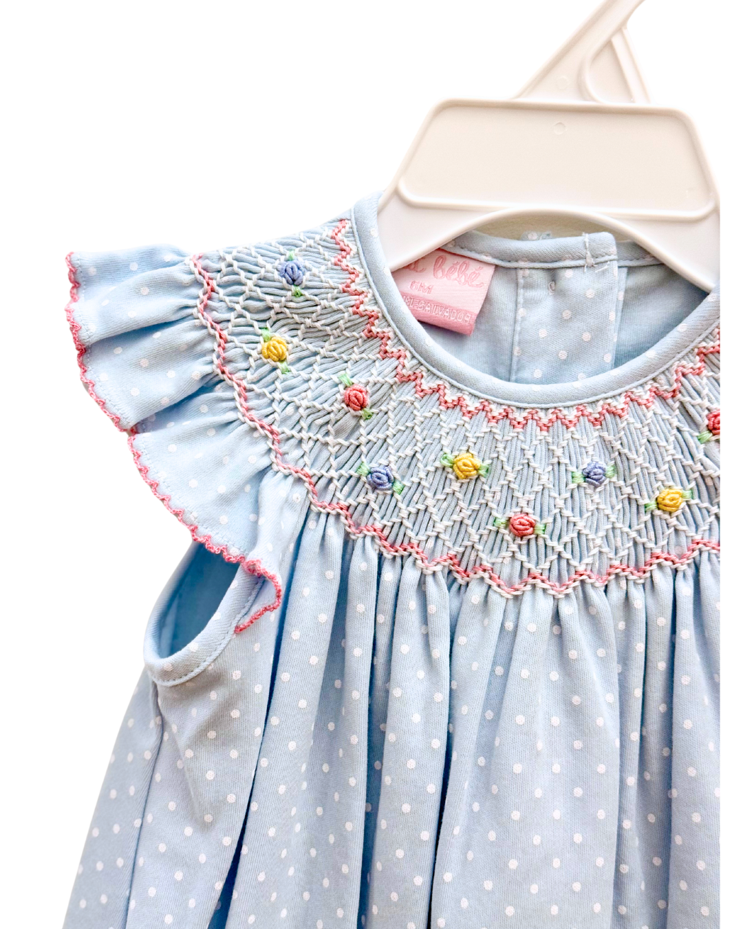 Lisa Smocked Bishop Dress - Lt. Blue Pima w/White Polka Dots