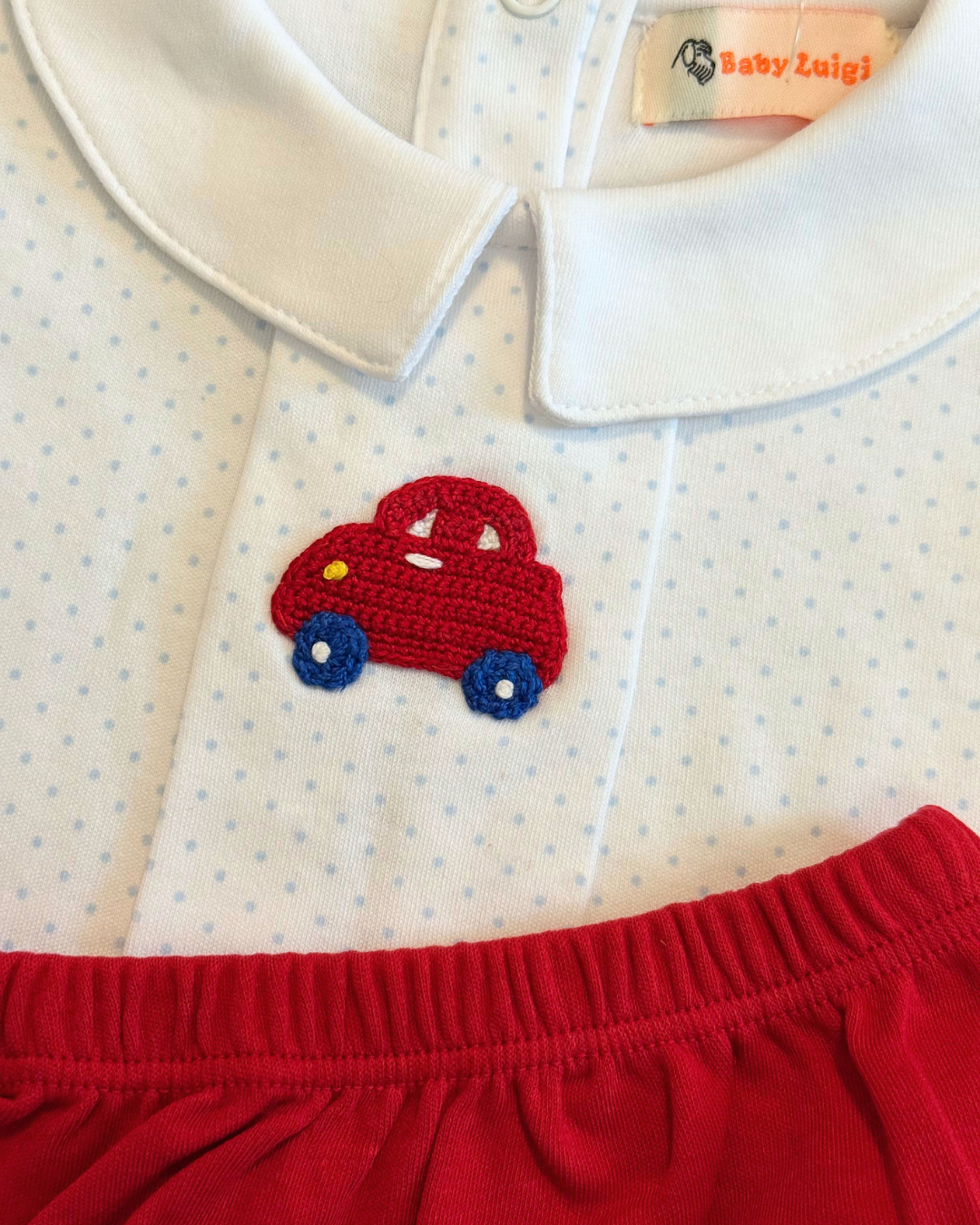 Luigi Crochet Car on Sky Bitty Dot Diaper Set