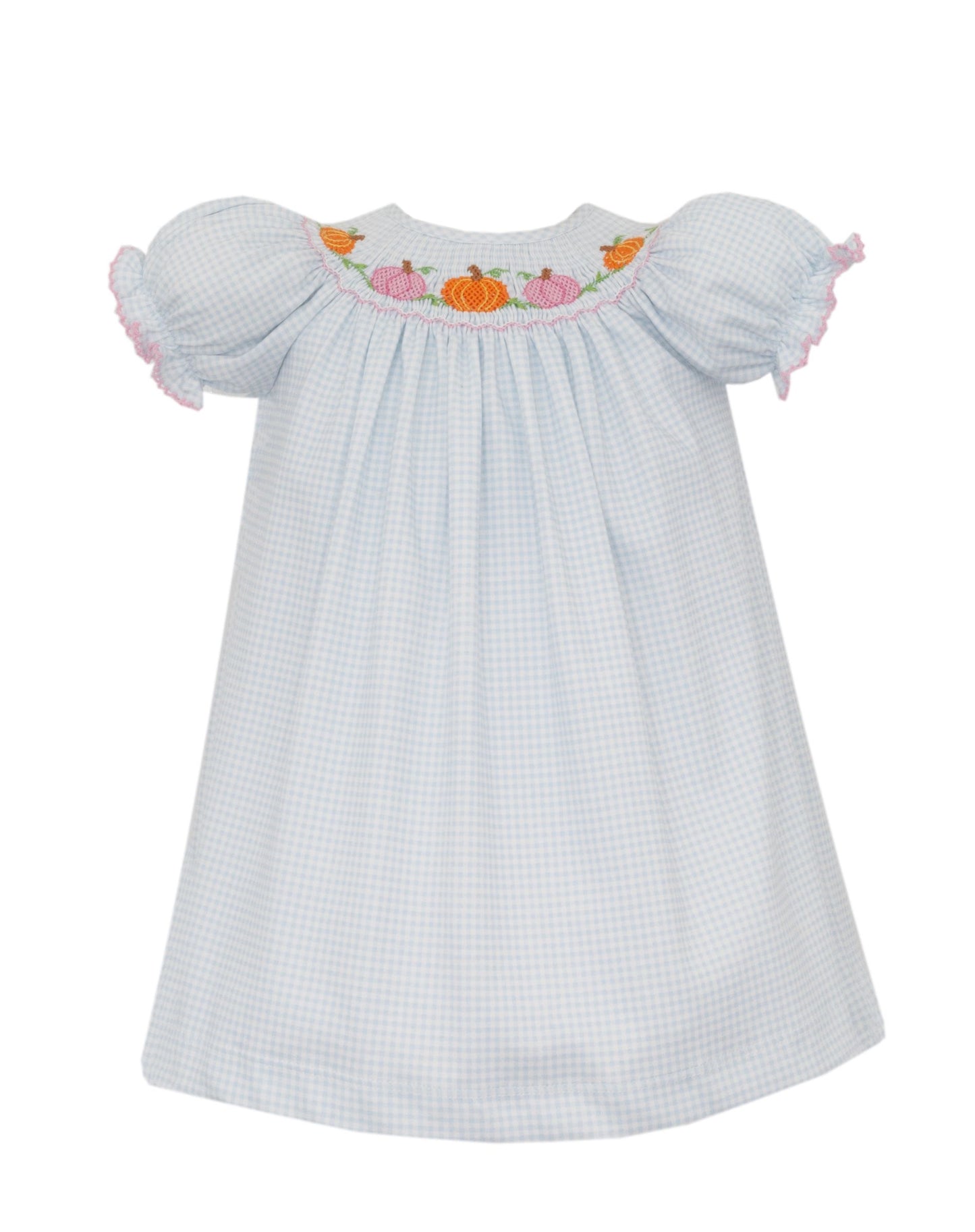 Smocked Pumpkins - Blue Gingham Knit Bishop Dress