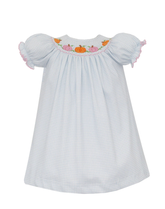 Smocked Pumpkins - Blue Gingham Knit Bishop Dress