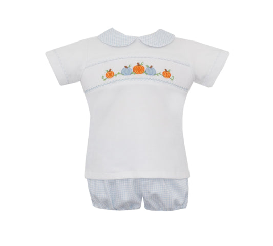 Smocked Pumpkins - Blue Gingham Knit Boy's Diaper Set