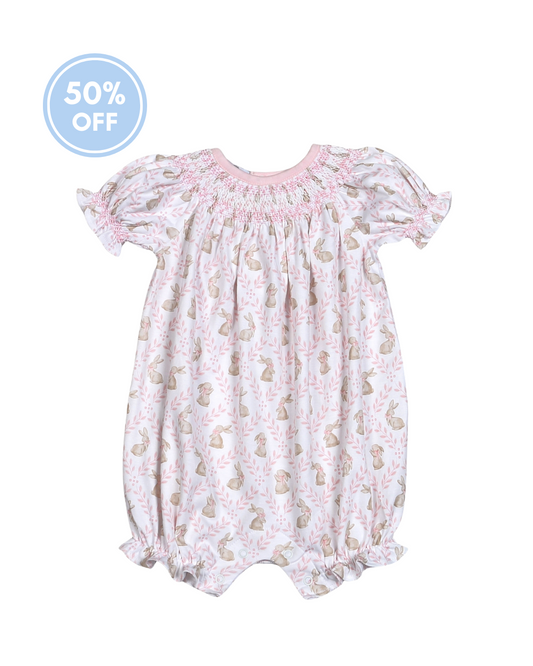 Bunny Trellis Pima - Hand Smocked Bubble in Pink