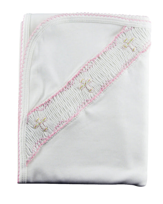 Pima Cotton Smocked Blanket - Pink Crosses
