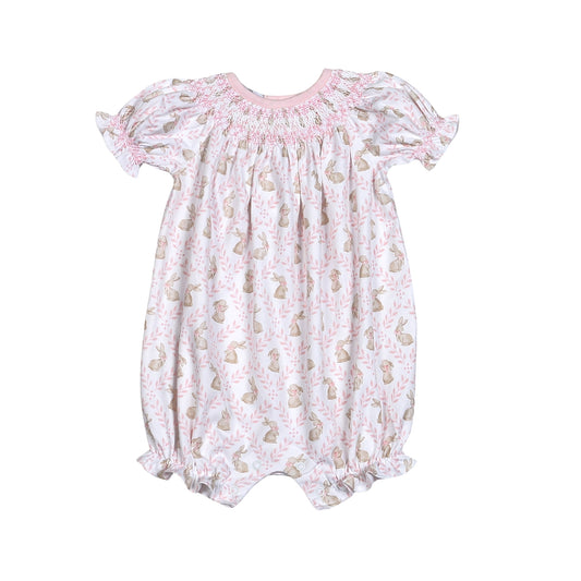 Bunny Trellis Pima - Hand Smocked Bubble in Pink