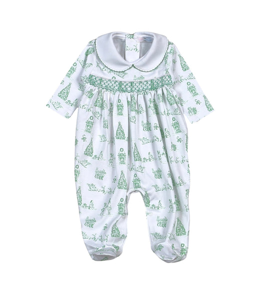 Green Christmas Toile Hand-Smocked Footie
