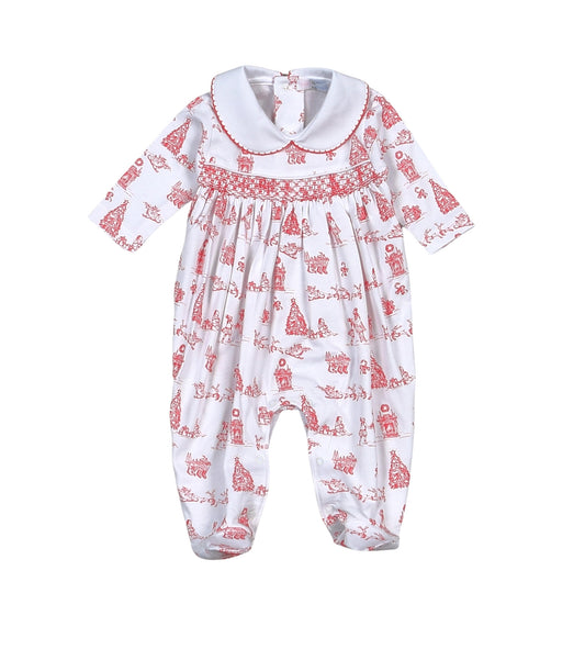 Red Christmas Toile Hand-Smocked Footie