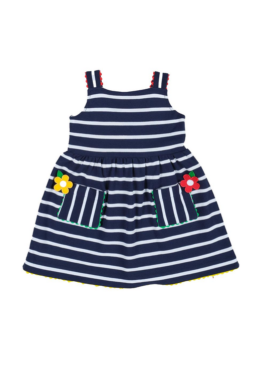 Stripe Knit Dress in Navy with Ric Rac and Flowers