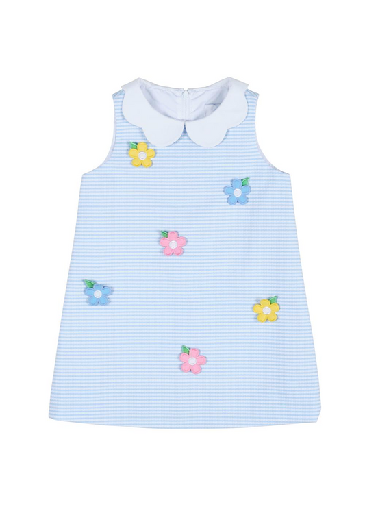 Pique Stripe Dress with Petal Collar and Flowers