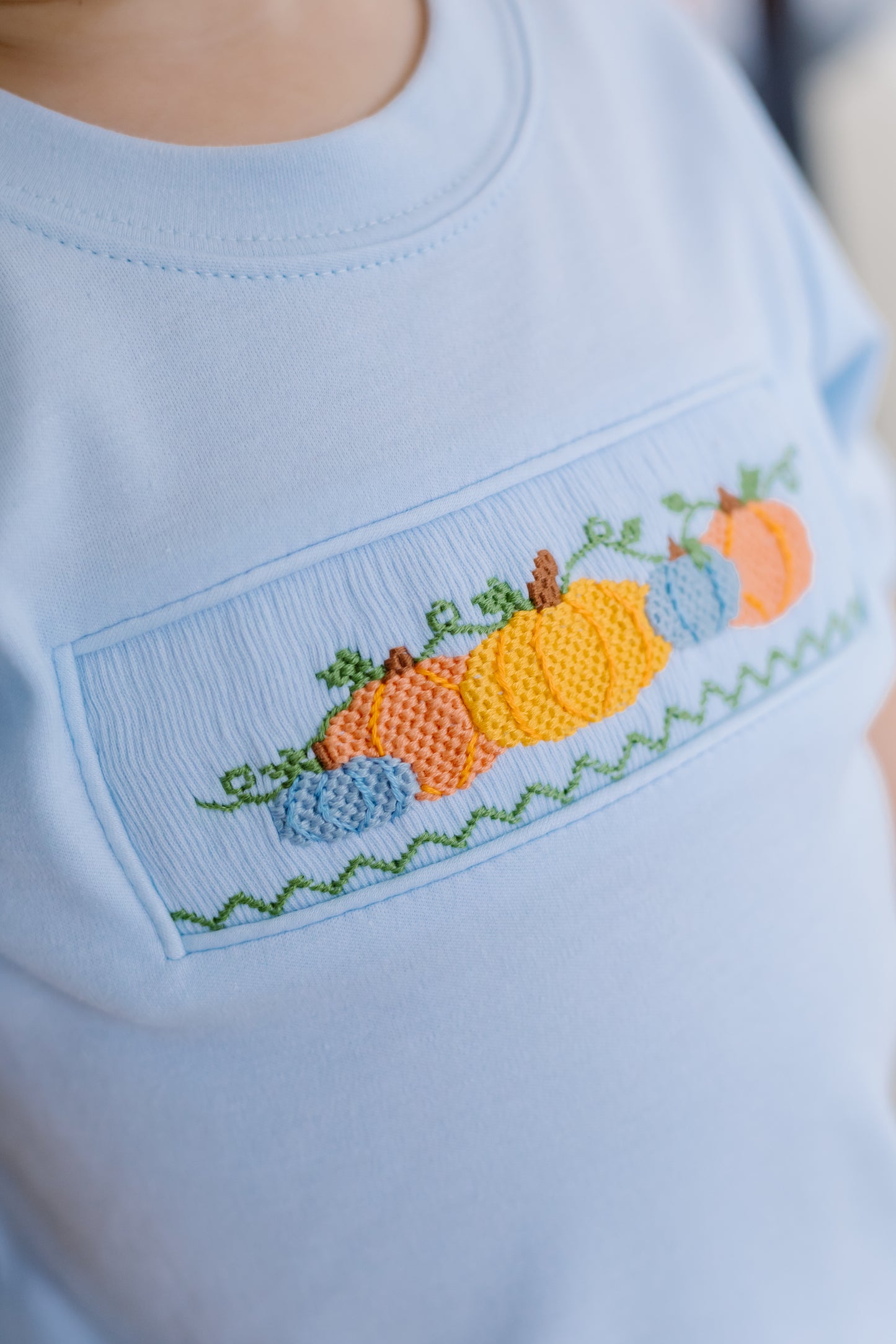 Pumpkin Smocked - Light Blue Tee & Green Cord Short Set