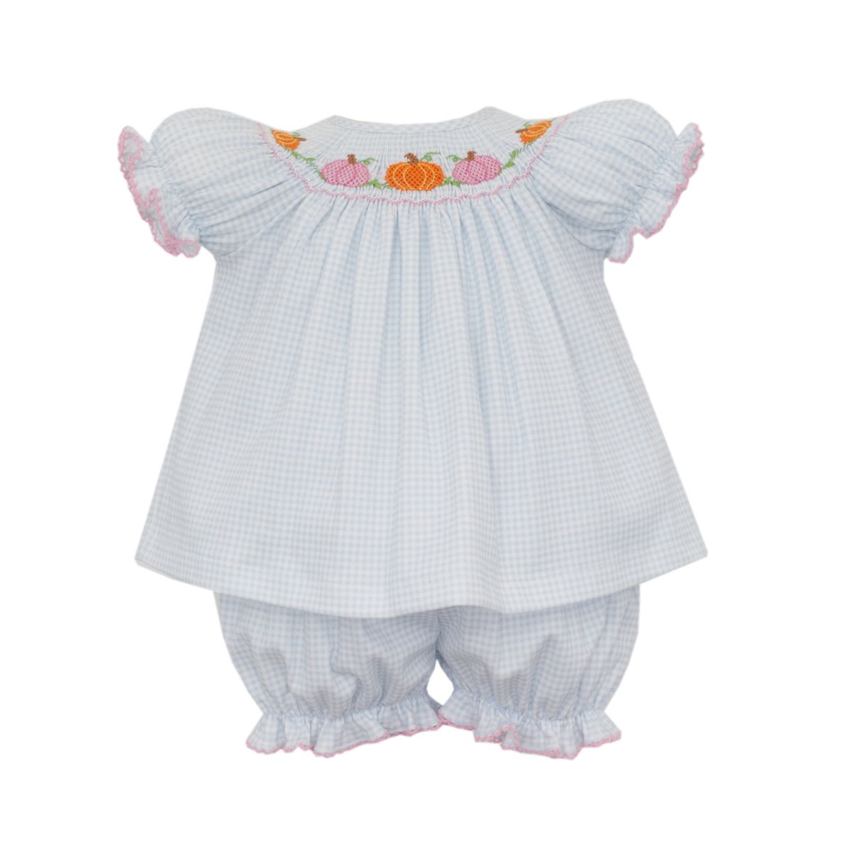 Smocked Pumpkins - Blue Gingham Knit Bishop Bloomer Set